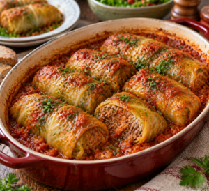 Stuffed cabbage rolls recipe served as a comforting family dinner