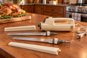 Parts of a vintage electric carving knife and its two blades
