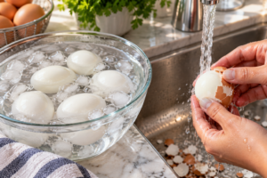 Easy-peel hard-boiled eggs cooling in an ice bath
