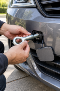 car bumper tow hook cover area with removable eyelet being installed