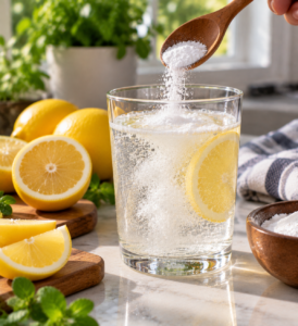 mixing baking soda and lemon water with fresh lemon slices