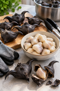 Cooked water caltrop with carefully removed pale edible kernels