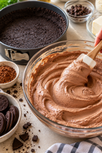 Chocolate filling being folded and added to the crust for no-bake chocolate mousse cake.