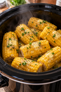 Slow cooker corn on the cob steaming with melting butter and herbs.