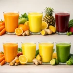 Healthy Juice Recipes featuring six colorful homemade fruit and vegetable juices