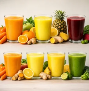 Healthy Juice Recipes featuring six colorful homemade fruit and vegetable juices