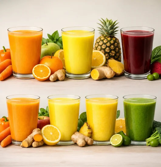 Healthy Juice Recipes featuring six colorful homemade fruit and vegetable juices