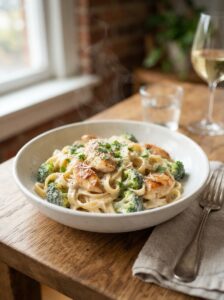 chicken broccoli Alfredo pasta with creamy Parmesan sauce