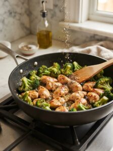 seasoned chicken and fresh broccoli cooking in a skillet