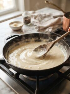 creamy homemade Alfredo sauce with Parmesan and garlic in a skillet