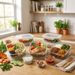 High Protein Meal Prep with chicken salmon beef rice and colorful vegetables