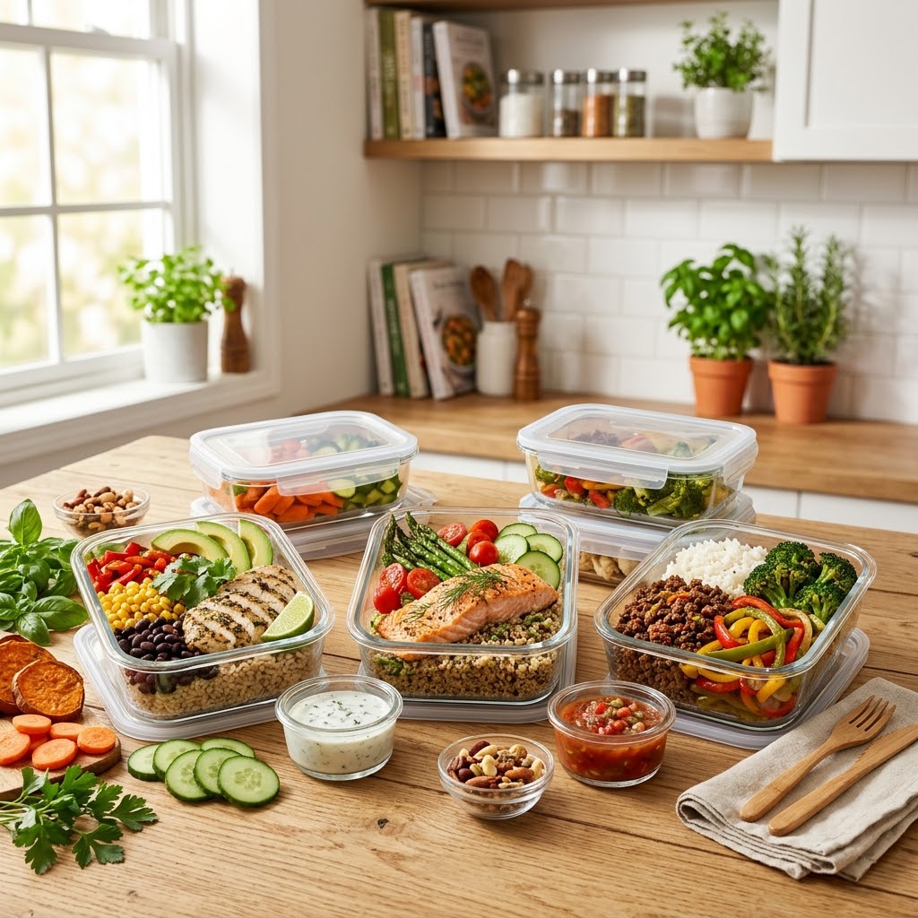 High Protein Meal Prep with chicken salmon beef rice and colorful vegetables