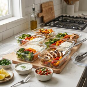 High Protein Meal Prep containers filled with chicken rice broccoli and vegetables