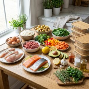 High Protein Meal Prep ingredients with chicken salmon beef rice and vegetables