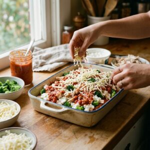 Cottage Cheese Dinner Recipes chicken casserole being prepared with broccoli and mozzarella