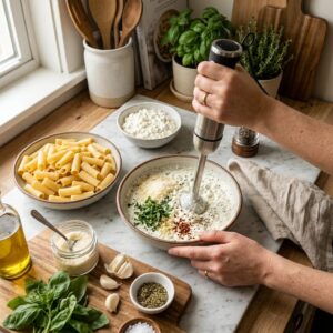 Cottage Cheese Dinner Recipes creamy pasta sauce preparation with Parmesan and garlic