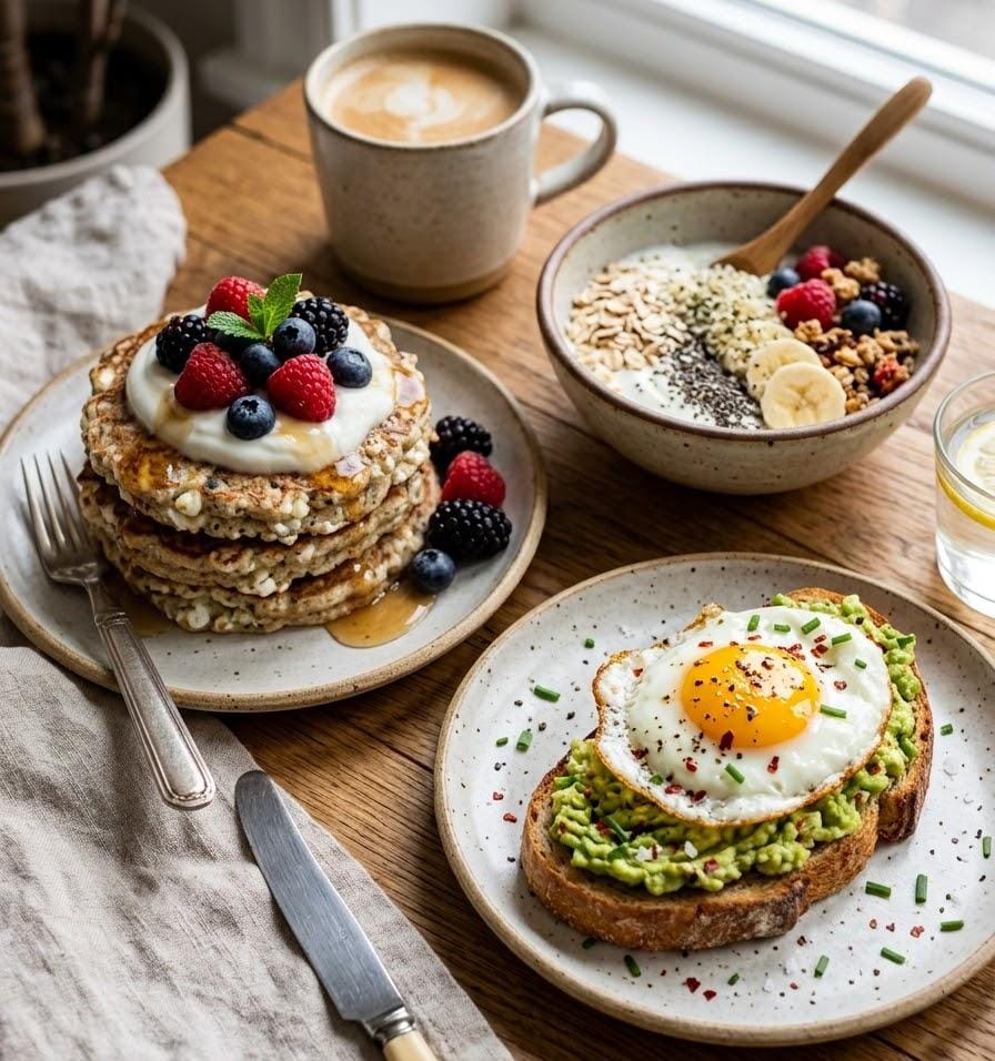 High Protein Breakfast spread with cottage cheese pancakes, yogurt, berries and avocado egg toast