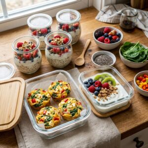 High Protein Breakfast meal prep with overnight oats, Greek yogurt and egg muffins