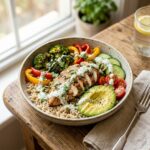 High Protein Lunch Ideas chicken rice bowl with vegetables, avocado and yogurt sauce