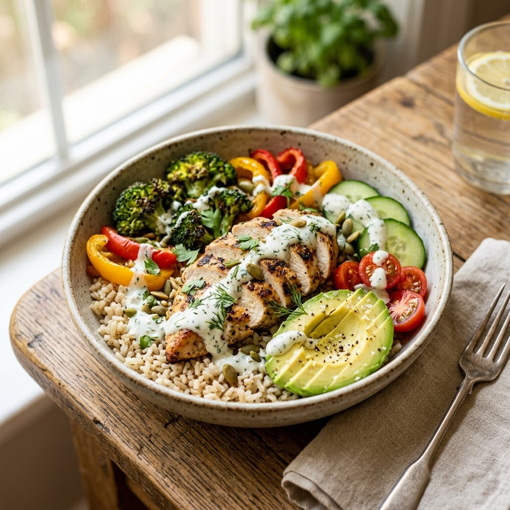 High Protein Lunch Ideas chicken rice bowl with vegetables, avocado and yogurt sauce