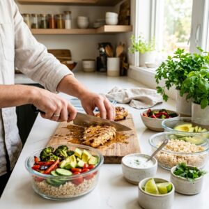 High Protein Lunch Ideas chicken rice bowl preparation with vegetables and yogurt sauce
