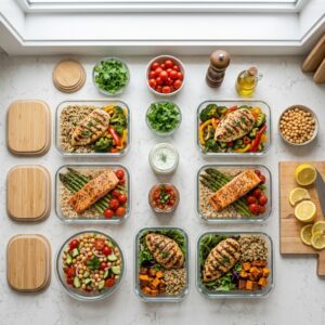 High Protein Lunch Ideas meal prep with chicken, salmon, quinoa and roasted vegetables