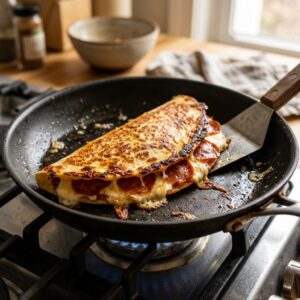 Pepperoni Pizza Quesadilla Recipe cooking in a skillet