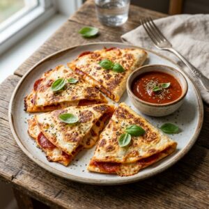 Pepperoni Pizza Quesadilla Recipe served with pizza sauce