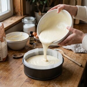 Cloud Cake Recipe batter poured into a parchment-lined cake pan