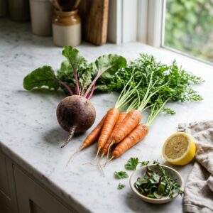Carrot and Beetroot Juice ingredients with fresh carrots and beetroot