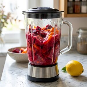 Carrot and Beetroot Juice being blended with fresh vegetables
