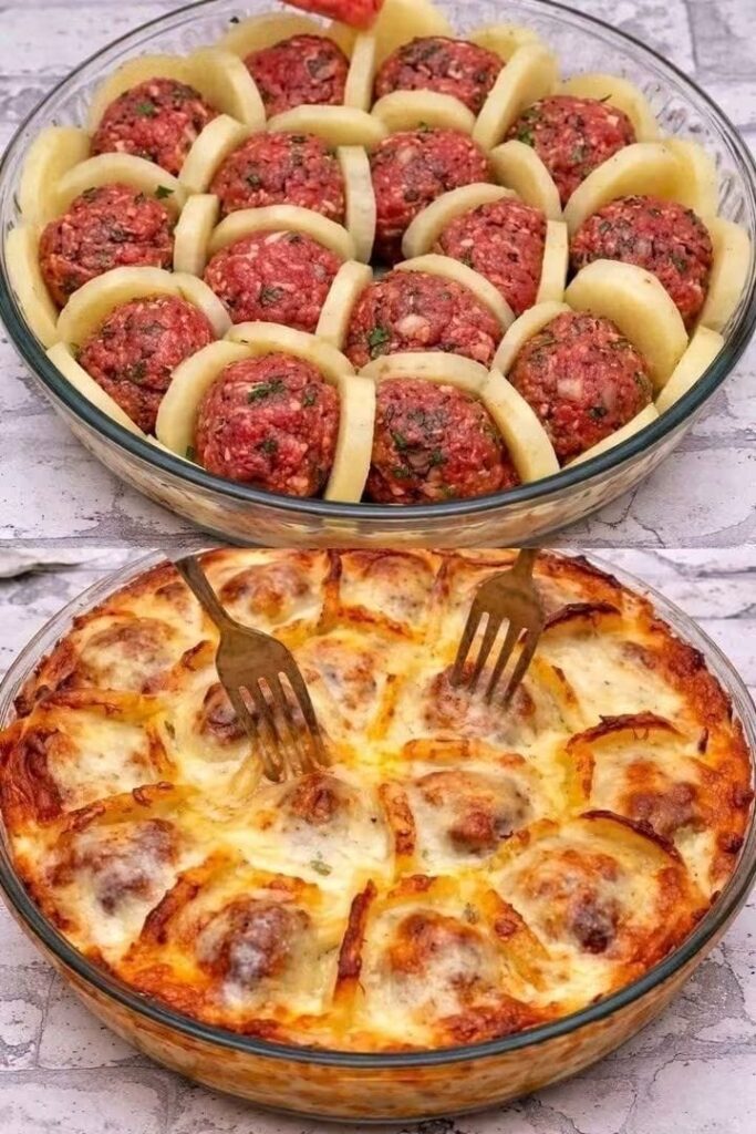 Raw meatballs arranged between potato slices above a finished meatball and potato casserole with golden melted cheese.