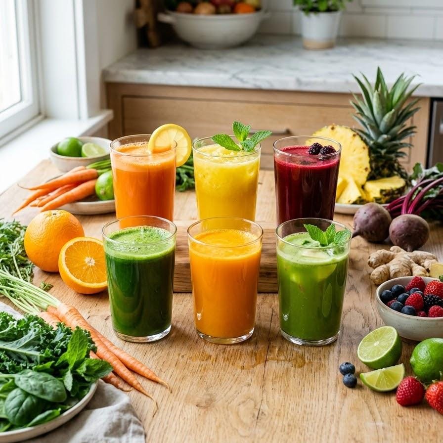 Healthy Juice Recipes featuring six colorful homemade fruit and vegetable juices