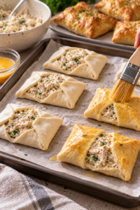 Chicken puff pastry rolls being folded and brushed with egg wash before baking.