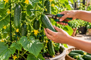 Harvesting fresh cucumbers grown successfully in containers