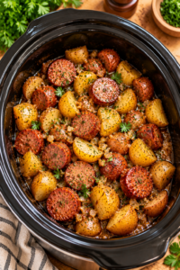 Finished slow cooker sausage and potatoes with golden potatoes and sausage