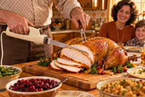 Vintage electric carving knife slicing a cooked holiday turkey