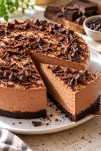 Finished no-bake chocolate mousse cake with a cookie crust and a slice cut for serving.