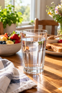 Glass of water at breakfast illustrating drinking water in the morning as an everyday hydration habit.