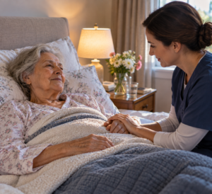 elderly person resting with breathing changes near the end of life