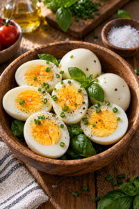 Finished Perfect Hard Boiled Eggs with golden yolks and fresh herbs