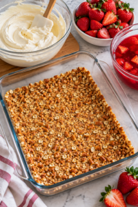 Crushed pretzel crust prepared in a glass dish for strawberry pretzel salad