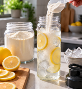 mixing a high protein clear drink with lemon and ice