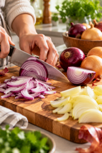 Preparing onions with fresh sliced onions for recipes and cooking