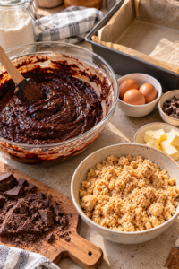 Brownie batter and golden crumb topping prepared for caramel brownie bars.