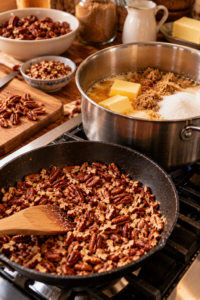 Pecan Dandy Dos ingredients with toasted pecans and homemade caramel candy mixture