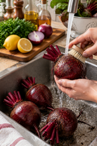 Washing fresh beets before making beetroot salad