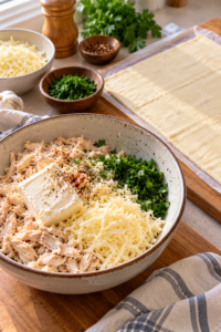 Cooked chicken and creamy filling being prepared for chicken puff pastry rolls.