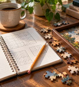 notebook and puzzle pieces representing logical thinking skills
