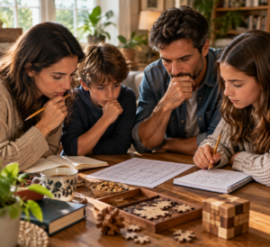 people solving a family riddle puzzle together